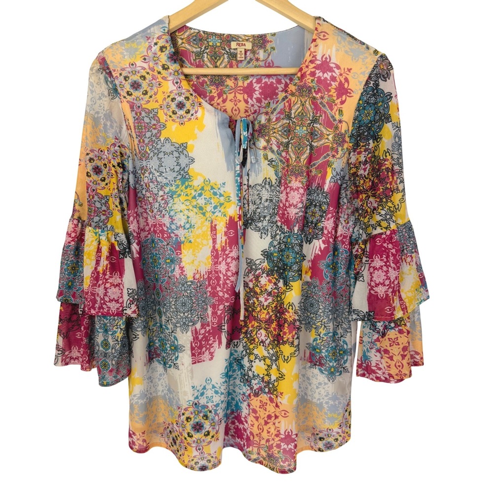 Reba Womens Medium Boho Floral Medallion Bell Sleeve Tie Neck Blouse Top